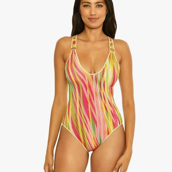 New!‎ Becca Awaken One Piece Swimsuit Sparkly Shimmer Stripes - Picture 1 of 8